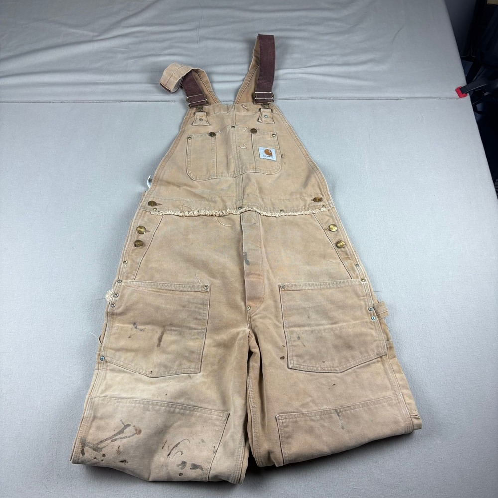 Vintage Carhartt Double Knee Bib Overalls Tan Duck Canvas Distressed USA 36x30